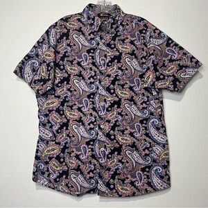 Cremieux Shirt Mens Large Paisley Black Pink Yellow Stretch Short Sleeve Camp